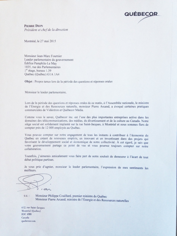 letter from quebecor