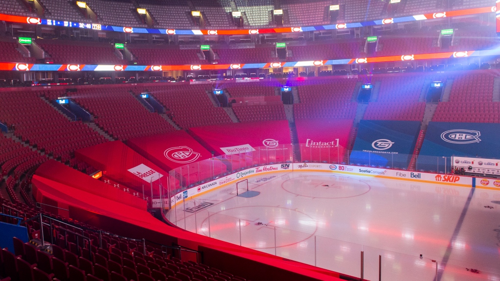 Empty seats are shown in the Bell Centre prior to an NHL hockey game between the Montreal Canadiens and the Calgary Flames in Montreal, Saturday, January 30, 2021.THE CANADIAN PRESS/Graham Hughes 
