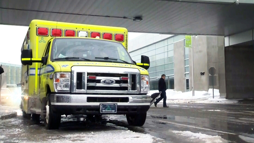 An ambulance outside Jean Lesage International Airport, in Quebec City, Thursday, Jan. 24, 2019.