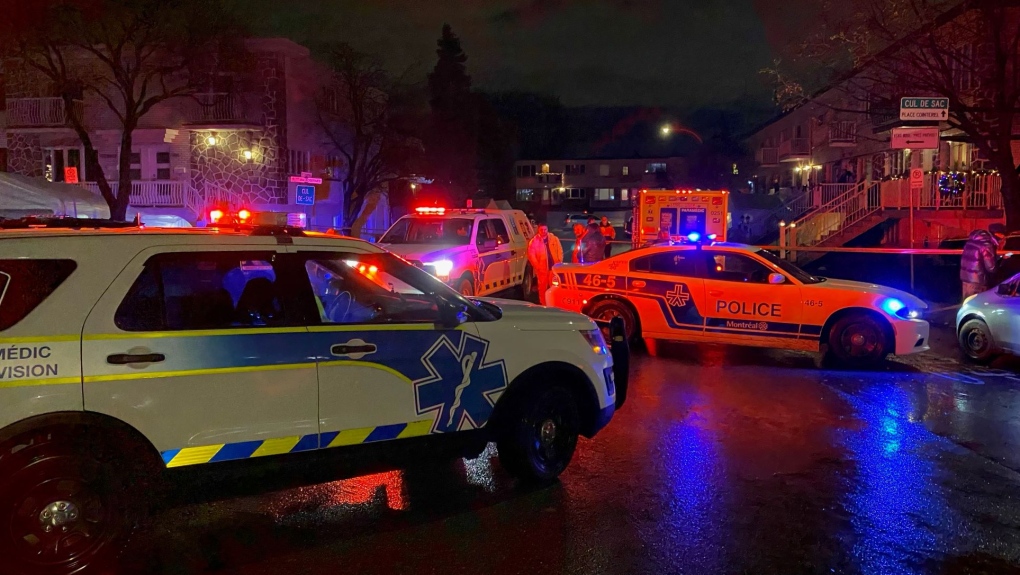 Montreal police at the scene of a reported shooting of a teen boy in the city's Anjou borough on Friday, Dec. 2, 2021. (Cosmo Santamaria/CTV News)