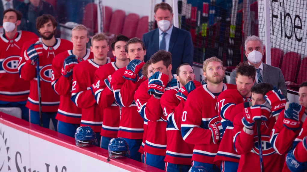 Montreal Canadiens stand for the national anthem before their final game of the season against the Edmonton Oilers in NHL hockey action Wednesday, May 12, 2021 in Montreal. THE CANADIAN PRESS/Ryan Remiorz
