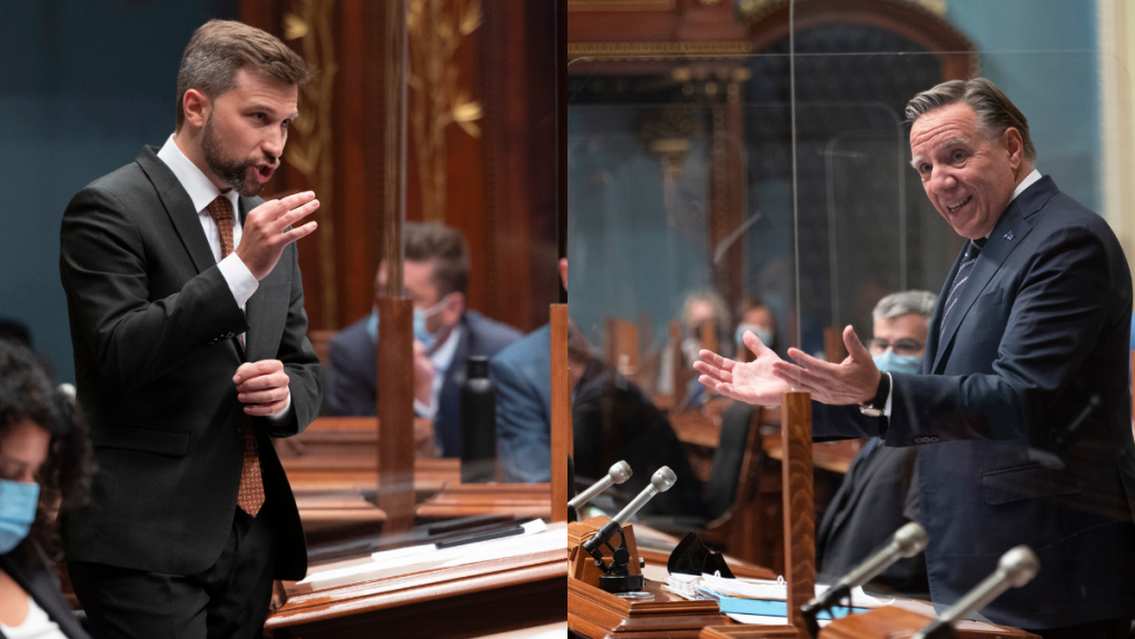 QS leader Gabriel Nadeau-Dubois compared Premier Francois Legault to Maurice Duplessis and said he was acting like a monarch, and Legault mocked the QS leader by calling him woke. (THE CANADIAN PRESS/Jacques Boissinot)