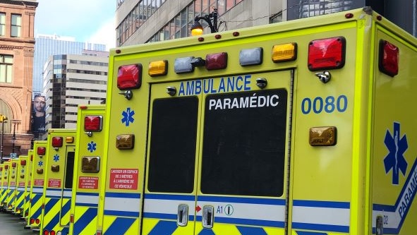 Ambulances are parked in downtown Montreal on Saturday, Nov. 19, 2022. (Joe Lofaro/CTV News)