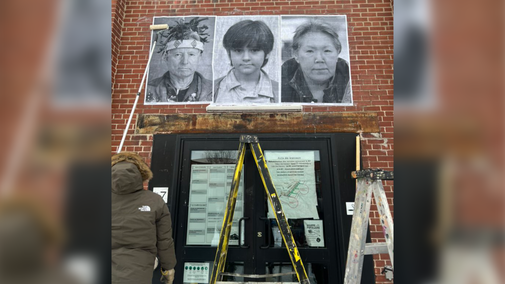 Portraits on Indigenous residents are seen plastered on the side of 1900 Rue le Ber in Montreal on Sunday, Feb. 20, 2021, as part of the Indigenous Forced Displacement project. (Image courtesy of Nakuset) 