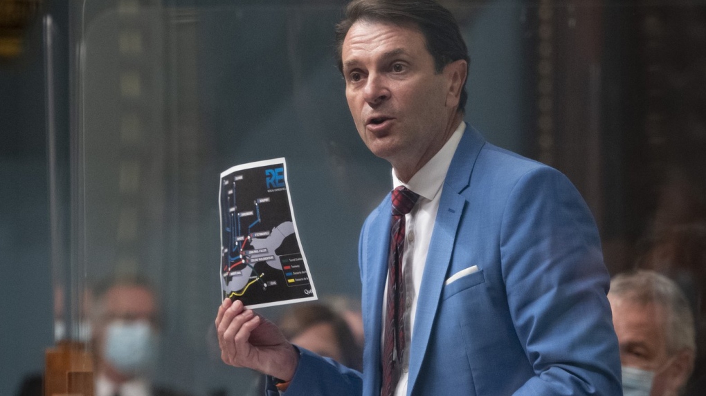Quebec Transport Minister Francois Bonnardel responds to the opposition over the Quebec-Levis tunnel project, during question period Tuesday, September 14, 2021 at the legislature in Quebec City. THE CANADIAN PRESS/Jacques Boissinot