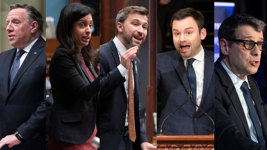 Francois Legault (CAQ), Dominique Anglade (Liberal), Gabriel Nadeau-Dubois (QS), Paul St-Pierre Plamondon (PQ) and Eric Duhaime (Conservative) will lead their parties in October's Quebec election. THE CANADIAN PRESS/Jacques Boissinot