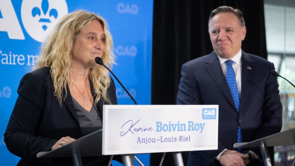 Premier Francois Legault announces Karine Boivin Roy as the CAQ candidate in the Anjou-Louis-Riel riding on Monday, June 13, 2022, ahead of the fall election. (Source: Twitter/@francoislegault)