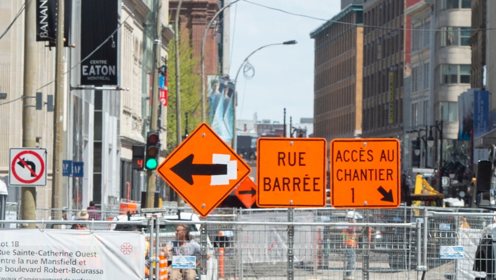 Roadwork is seen on Sainte-Catherine St. in downtown Montreal on Thursday, May 13, 2021. -- FILE PHOTO (THE CANADIAN PRESS/Ryan Remiorz)