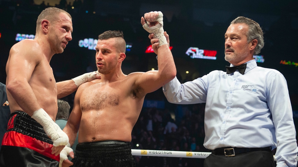 David Lemieux is announced the winner for the super-middleweight division after fighting Ukraine's Max Bursak in Montreal on Sunday, Dec. 8, 2019. THE CANADIAN PRESS/Peter McCabe