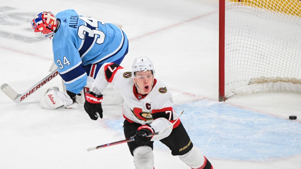 Ottawa Senators' Brady Tkachuk (7) reacts after scoring against Montreal Canadiens goaltender Jake Allen during third period NHL hockey action in Montreal, Tuesday, January 31, 2023. THE CANADIAN PRESS/Graham Hughes