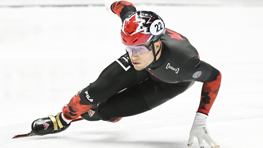 FILE: Pierre-Gilles skates during the 500-metre quarter-final race at the World Cup short track speedskating event in Montreal, Saturday, Oct. 28, 2023. THE CANADIAN PRESS/Graham Hughes