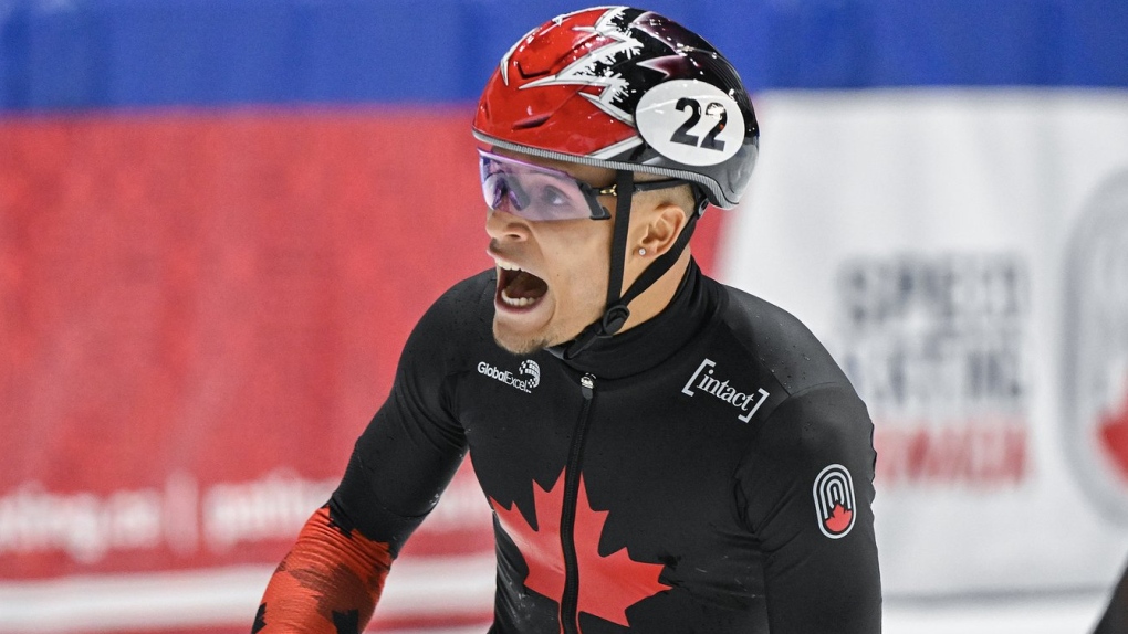 Jordan Pierre-Gilles of Canada reacts after winning the 500-metre final race at the World Cup short track speedskating event in Montreal, Saturday, October 28, 2023. Pierre-Gilles won gold on Saturday at the World Cup stop in Beijing, China. THE CANADIAN PRESS/Graham Hughes