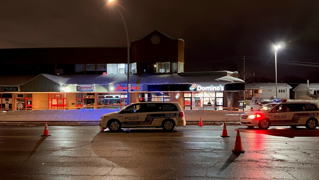 Police discovered bullet impacts and shell casings near a business on Pierrefonds Blvd. on Feb. 1, 2023. (Cosmo Santamaria/CTV News)