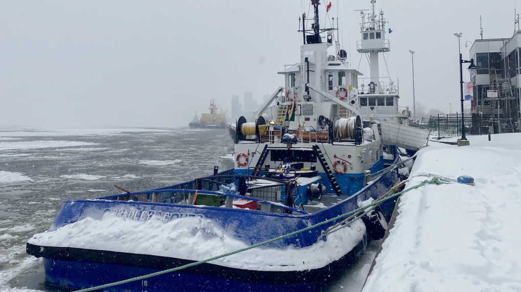 Two tugboats that have been detained by Transport Canada are shown in Trois-Rivières, Que. on Thursday, Feb. 2, 2023. Groups that advocate for seafarers are expressing concern for crew members who are spending a harsh Quebec winter aboard three tugboats that have been stuck in the port of Trois-Rivières for months. THE CANADIAN PRESS/Morgan Lowrie
