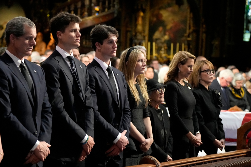 Brian Mulroney's immediate family members look on from the pew during the funeral of former prime minister Brian Mulroney, in Montreal, Saturday, March 23, 2024. THE CANADIAN PRESS/Ryan Remiorz
