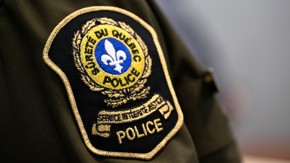 The Surete du Quebec, or Quebec Provincial Police patch, is seen at a news conference in Quebec City on February 29, 2024. (Jacques Boissinot/The Canadian Press)