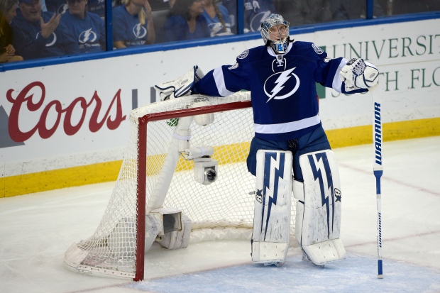 Lightning goalie Andrei Vasilevskiy reacts