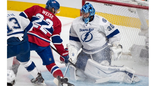 Tampa Bay Lightning goalie Ben Bishop makes a save