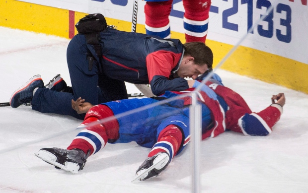 P.K. Subban is tended to by medical staff