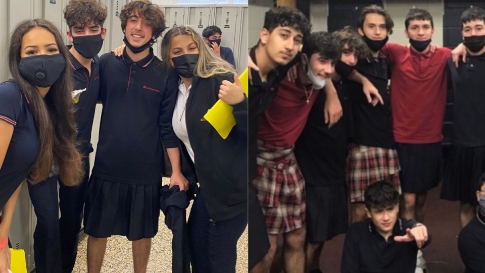 Boys wearing skirts to support girls, non-binary
