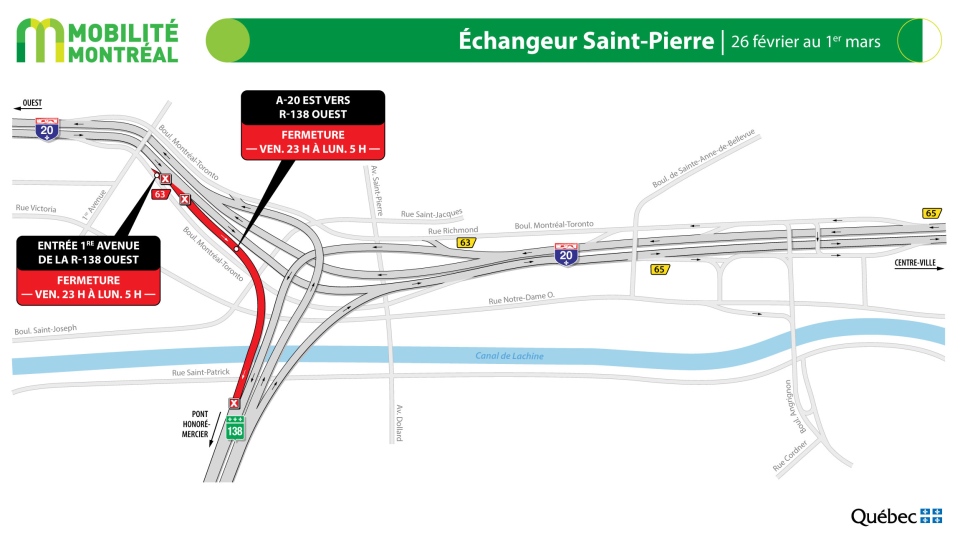 Saint-Pierre Interchange closures Feb. 26-Mar. 1
