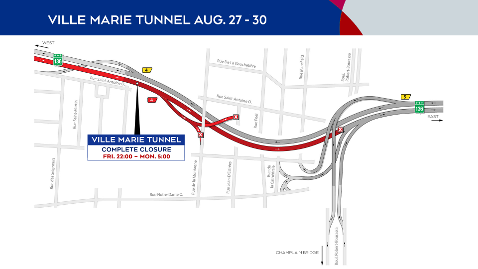 Ville-Marie Tunnel closures Aug. 27-30