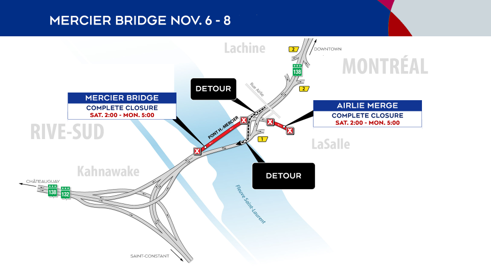 Mercier Bridge closures Nov. 6 to 8