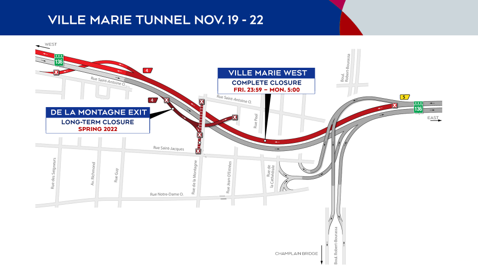 Ville-Marie Tunnel closures from Nov 19-22