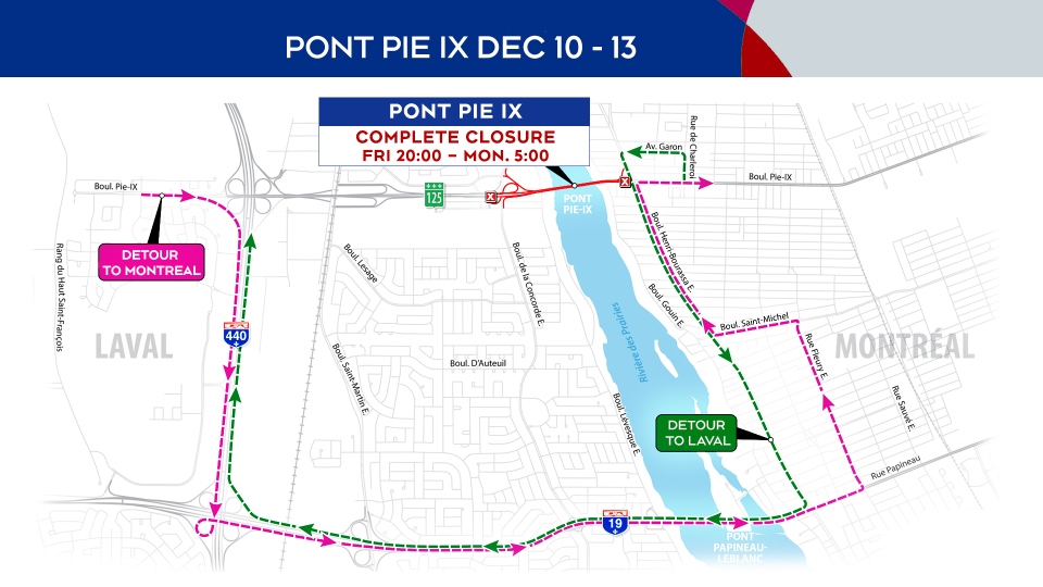 Pie IX Bridge closures from Dec. 10 to 13