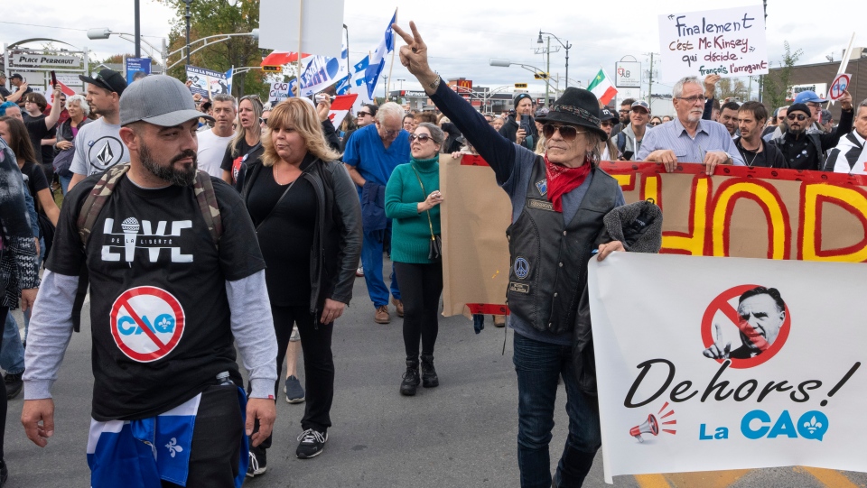 Anti-CAQ protesters gather in Francois Legault's riding