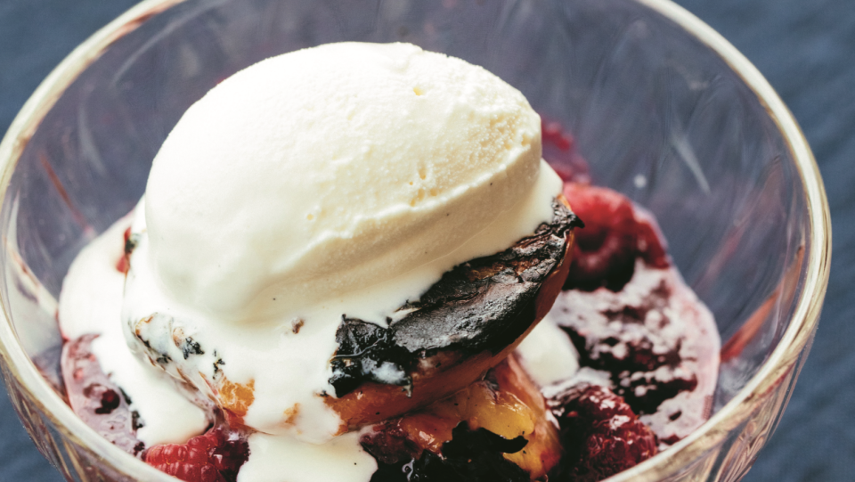 Grilled peach and rasberry melba
